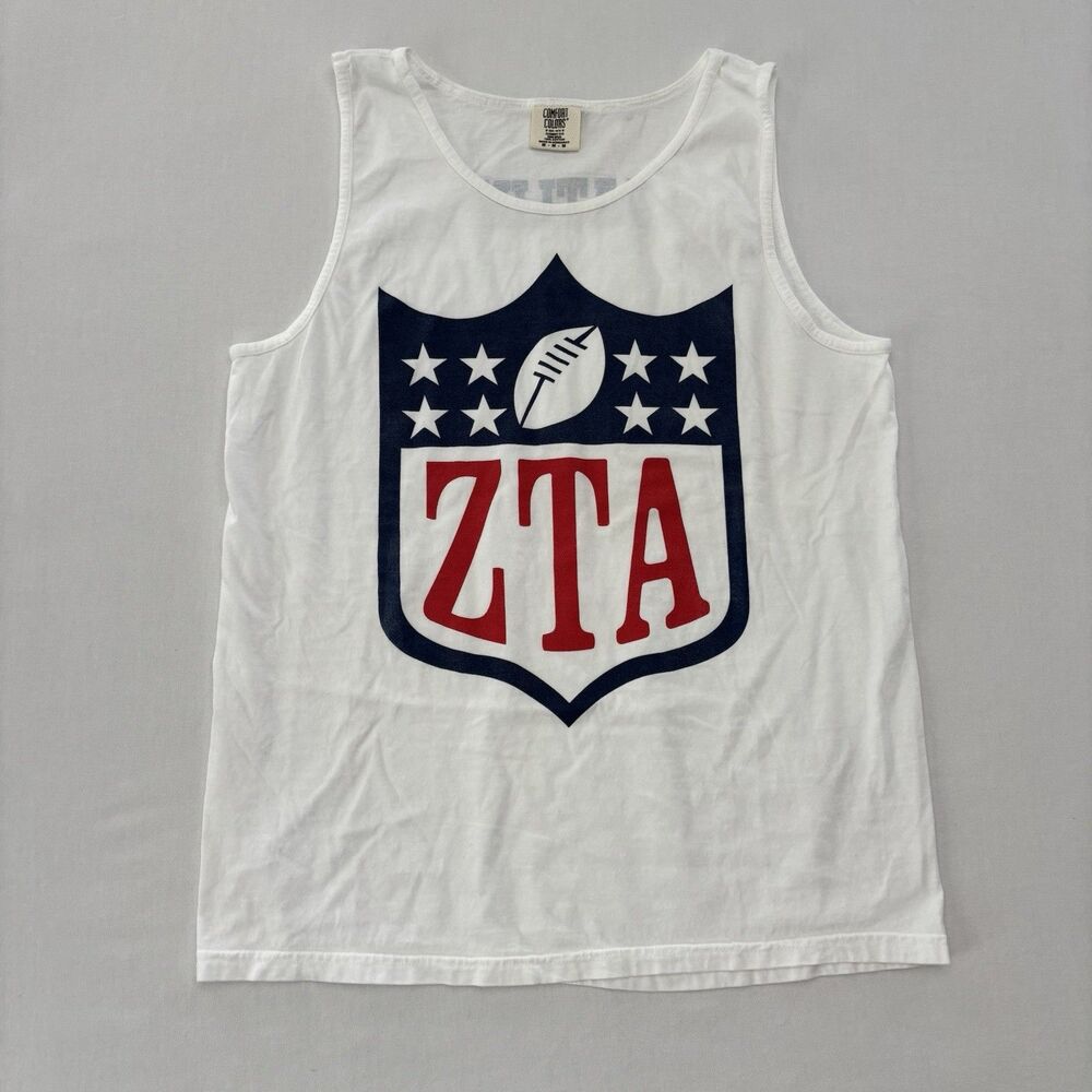 ZTA Zeta Tau Alpha Comfort Colors Football Tank Top Size M White Cotton Preppy